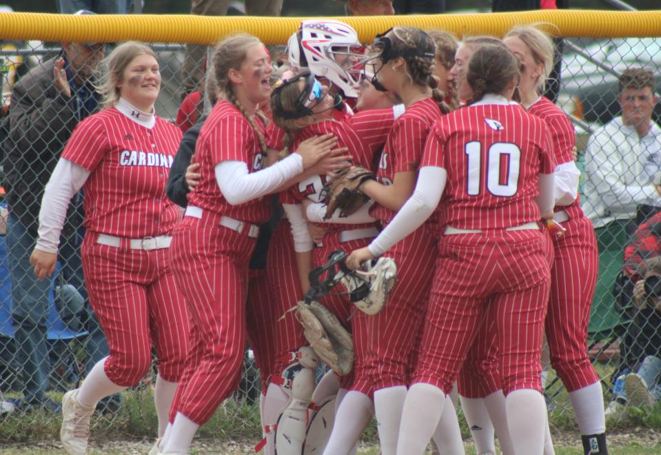 Johannesburg-Lewiston celebrates a regional semifinal win over Inland Lakes on Saturday, June 10 in Rudyard, Mich.