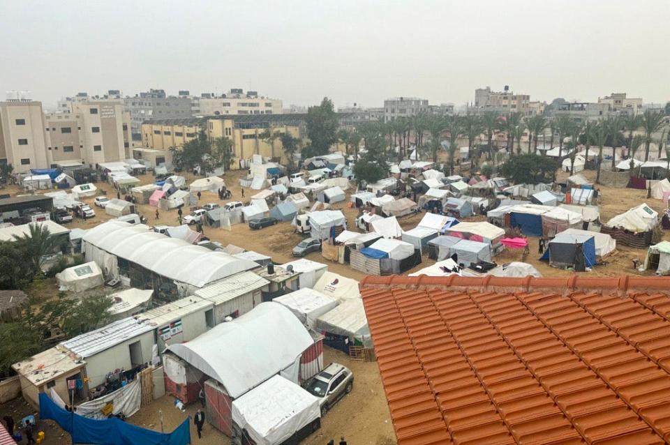 Makeshift tents of families or refugees who are living outside of the European Hospital in Gaza as a source of stability in late December 2023.