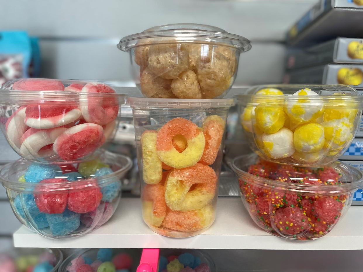 Freeze-dried candies at Freezy Favorites in the Bayville section of Berkeley Township include (clockwise from bottom left) Jolly Ranchers, watermelon peach rings, chewy caramels, Lemonheads, Nerds Gummy Clusters and peach rings.