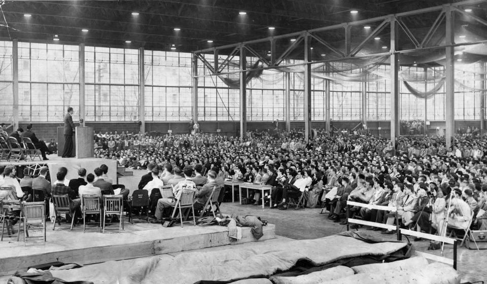 About 4,000 students and faculty members listen to Graham at MIT on April 21, 1950.