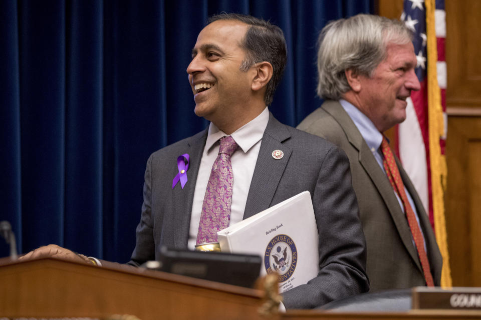 Chairman Rep. Raja Krishnamoorthi, D-Ill., left, and Rep. Mark DeSaulnier, D-Calif., right, arrive to hear testimony from CDC Principal Deputy Secretary Dr Anne Schuchat at a House Oversight subcommittee hearing on lung disease and e-cigarettes on Capitol Hill in Washington, Tuesday, Sept. 24, 2019. (AP Photo/Andrew Harnik)