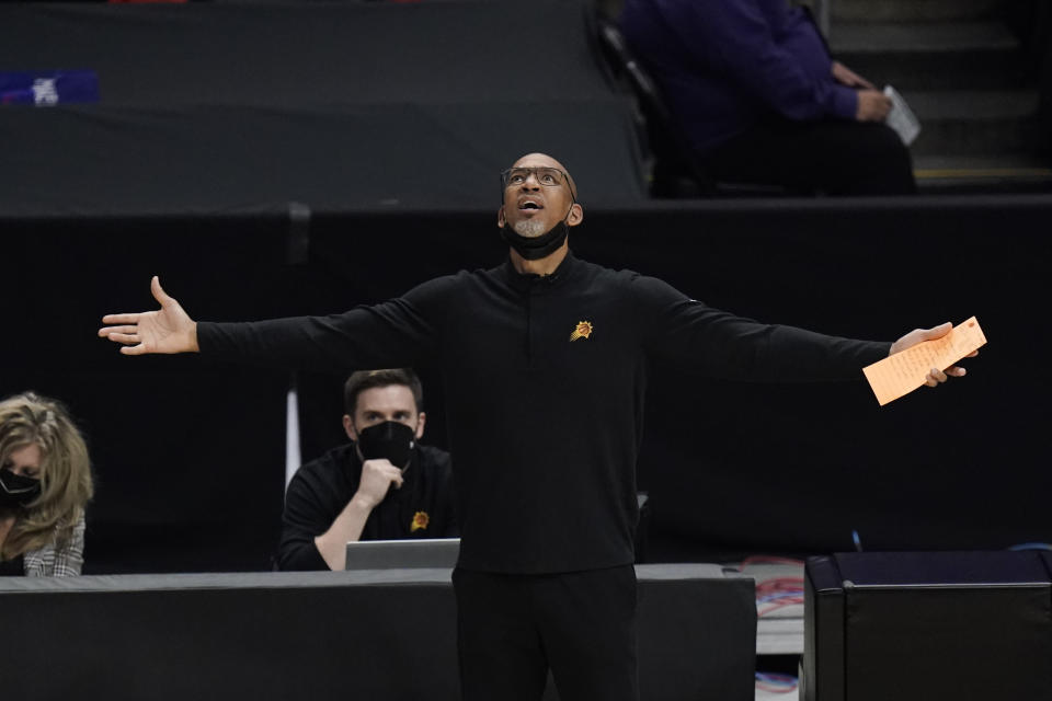 Phoenix Suns head coach Monty Williams reacts to a foul call on his team during the first half in Game 6 of the NBA basketball Western Conference Finals against the Los Angeles Clippers Wednesday, June 30, 2021, in Los Angeles. (AP Photo/Jae C. Hong)