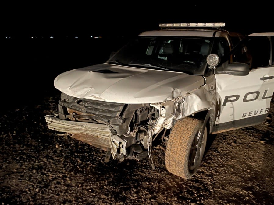 Front end of a police SUV has serious damage