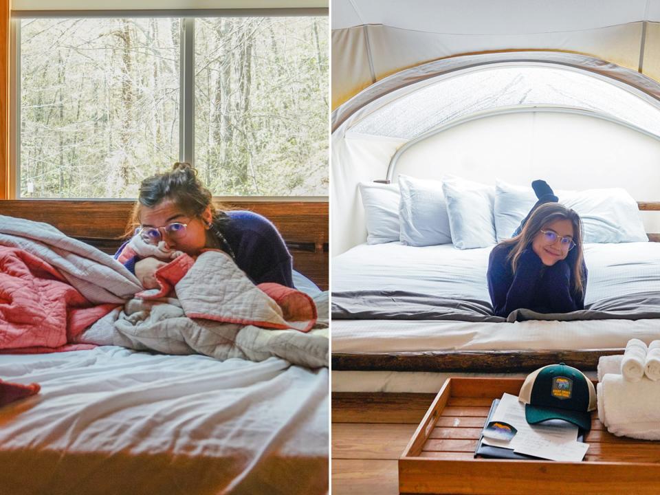 The author rests in a cabin (L) and a tent (R) during the trip.