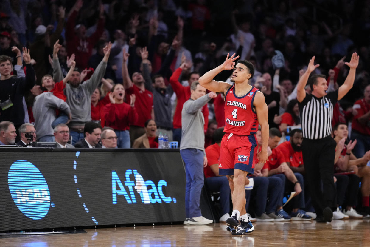Florida Atlantic's Bryan Greenlee (4) reacts after a 3-pointer against Kansas State in the NCAA tournament East regional final at Madison Square Garden on March 25, 2023. (Robert Deutsch-USA TODAY Sports)