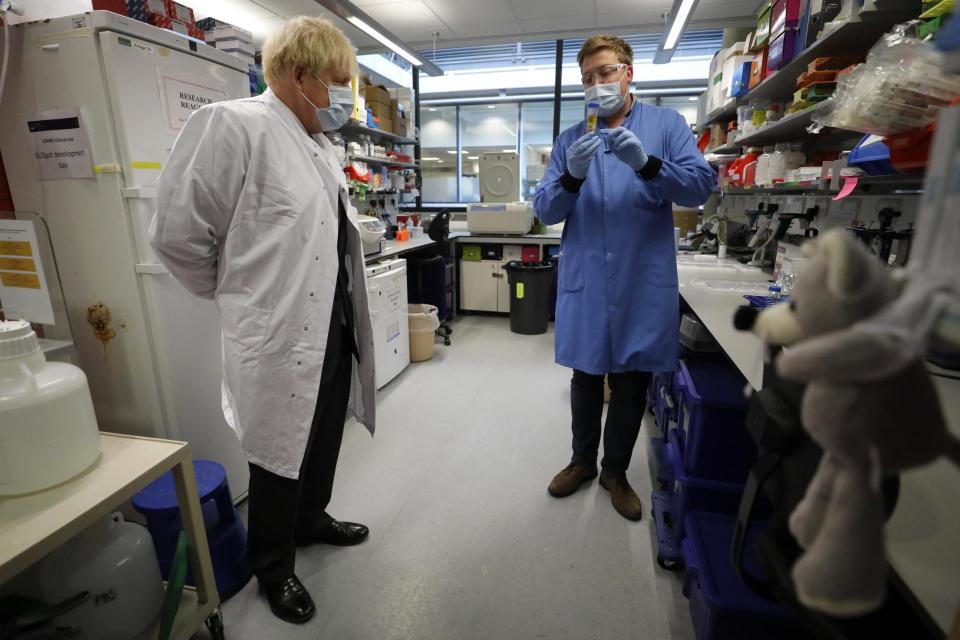 Prime Minister Boris Johnson during a visit to the Jenner Institute in Oxford, where toured the laboratory and met scientists who are leading the vaccine research. (PA)