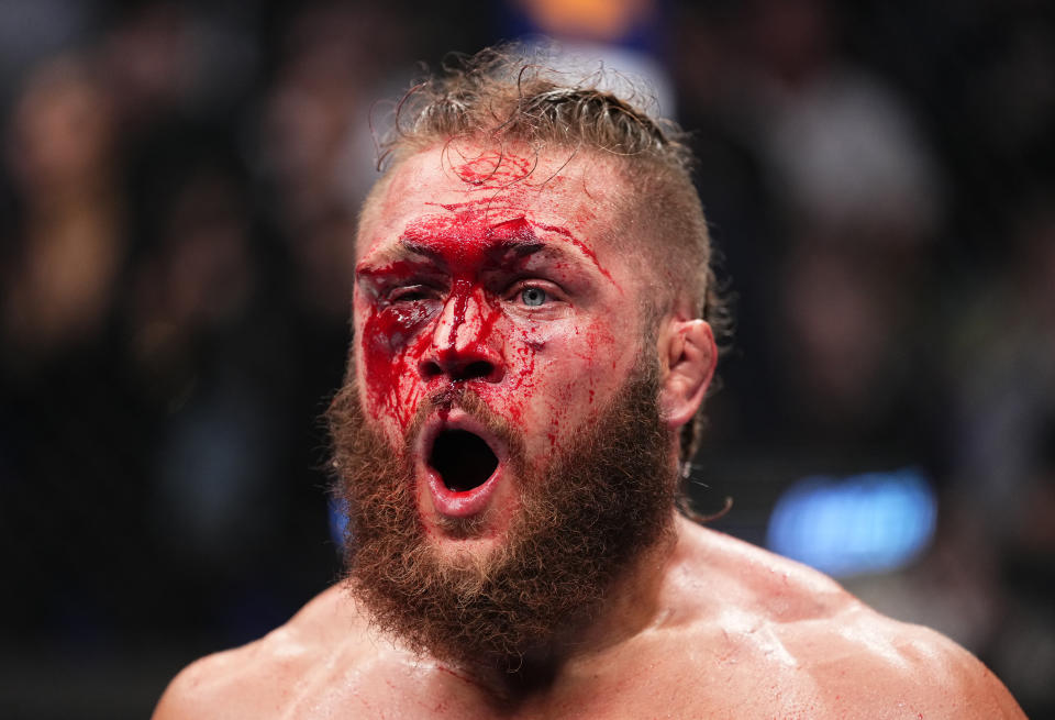 LONDON, ENGLAND - MARCH 18: Rafael Fiziev of Kazakstan reacts after the conclusion of his lightweight fight against Justin Gaethje during the UFC 286 event at The O2 Arena on March 18, 2023 in London, England. (Photo by Jeff Bottari/Zuffa LLC via Getty Images)