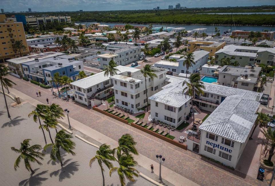 This is an aerial view on Aug. 16, 2023 of properties near the Hollywood beach Broadwalk that could disappear, if the city approves a mixed-use real estate development, including an 18-story condo and apartment tower complex, a beach club and restaurant facing the beach.