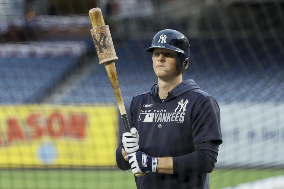 New York Yankees first baseman DJ LeMahieu prepares to take batting practice before Game 4 of baseball's American League Championship Series against the Houston Astros Thursday, Oct. 17, 2019, in New York. (AP Photo/Matt Slocum)