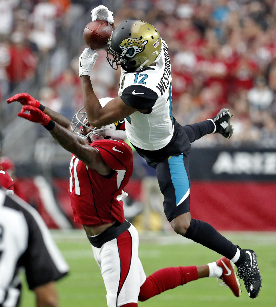 <p>Jacksonville Jaguars wide receiver Dede Westbrook (12) can’t make the catch has Arizona Cardinals strong safety Antoine Bethea (41) defends during the first half of an NFL football game, Sunday, Nov. 26, 2017, in Glendale, Ariz. (AP Photo/Rick Scuteri) </p>