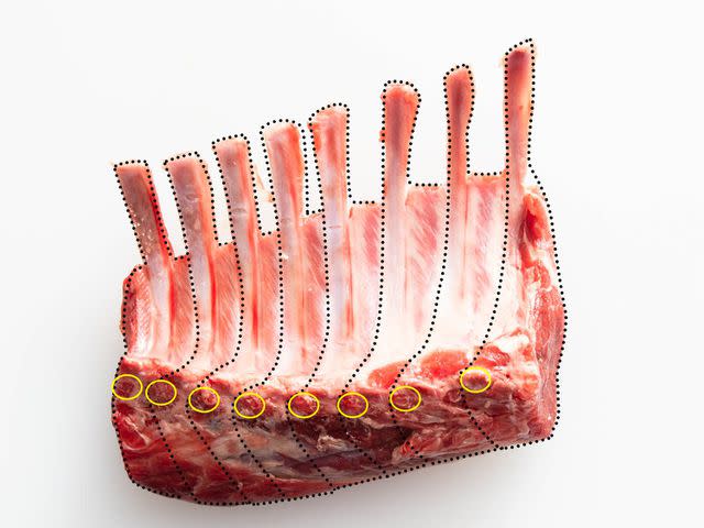 <p>Serious Eats / Vicky Wasik</p> The ribs in a rack of lamb curve, which leaves more meat on one side of each rib than the other. Carve accordingly.