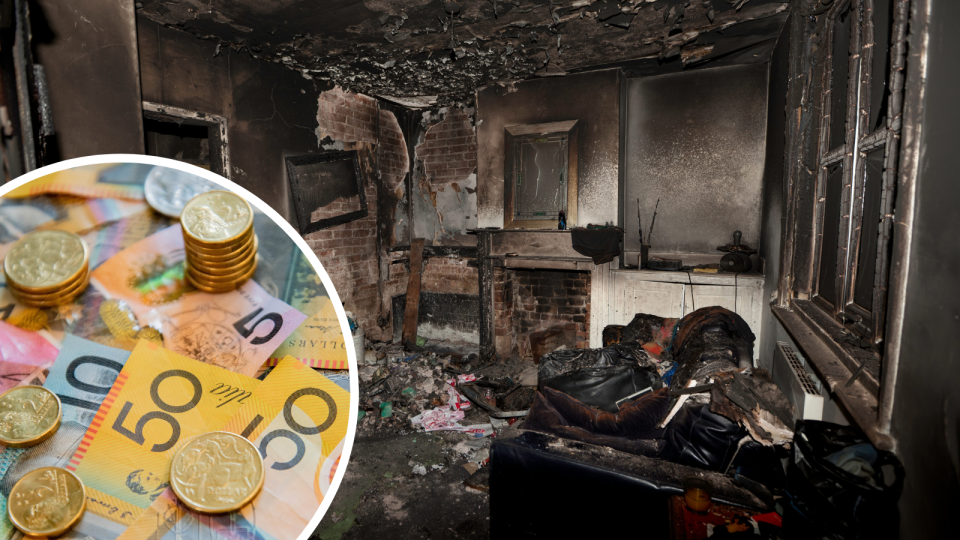 Burnt-out room of house destroyed by fire, with an inset of Australian money to represent insurance.