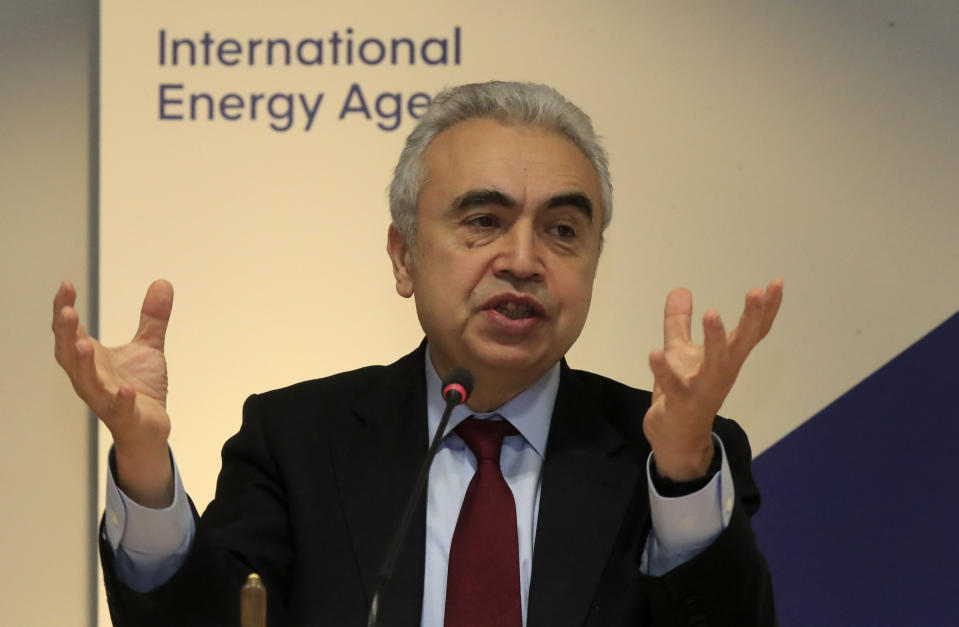 Executive Director of the International Energy Agency Fatih Birol speaks Wednesday, Nov. 13, 2019 in Paris. The world's thirst for oil will continue to grow until the 2030s and climate-damaging emissions will keep climbing until at least 2040 — unless governments rethink how we fuel our lives, according to an important global energy industry forecast. (AP Photo/Michel Euler)