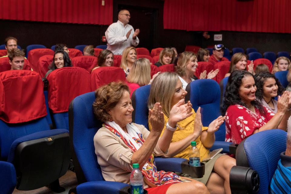 The audience claps for Zack Gottsagen after watching The Peanut Butter Falcon at the Movies of Lake Worth on August 29, 2019 in Lake Worth, Florida. Zack starred in the movie with Shia Labeouf. [GREG LOVETT/palmbeachpost.com]