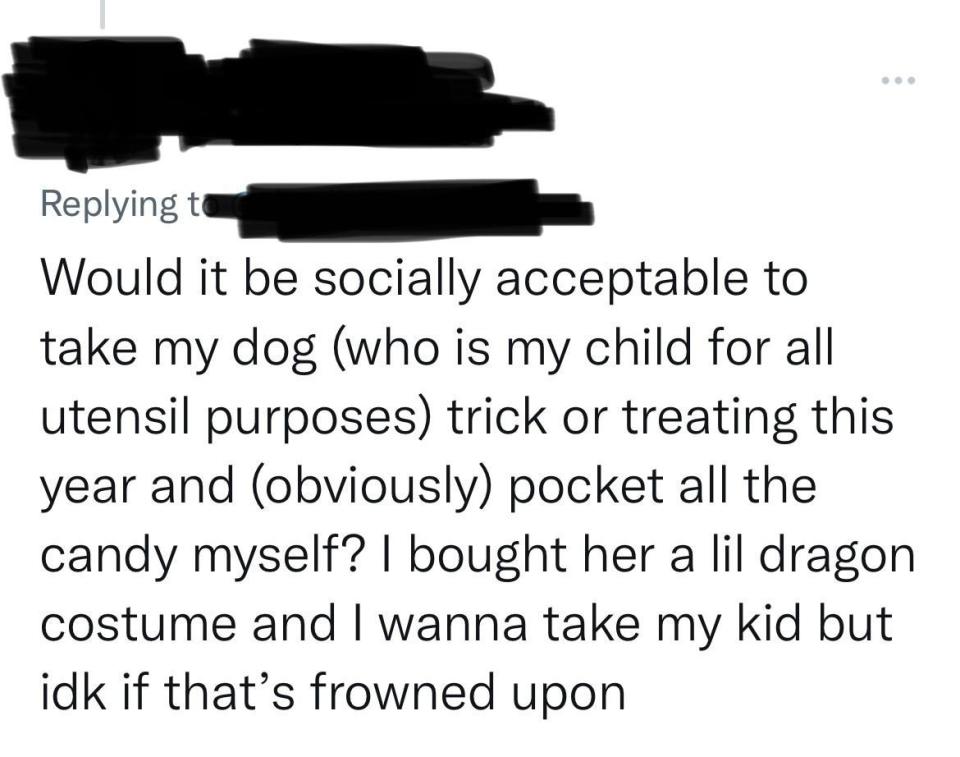 Comment reads, "Would it be socially acceptable to take my dog (who is my child for all utensil purposes) trick or treating this year..."