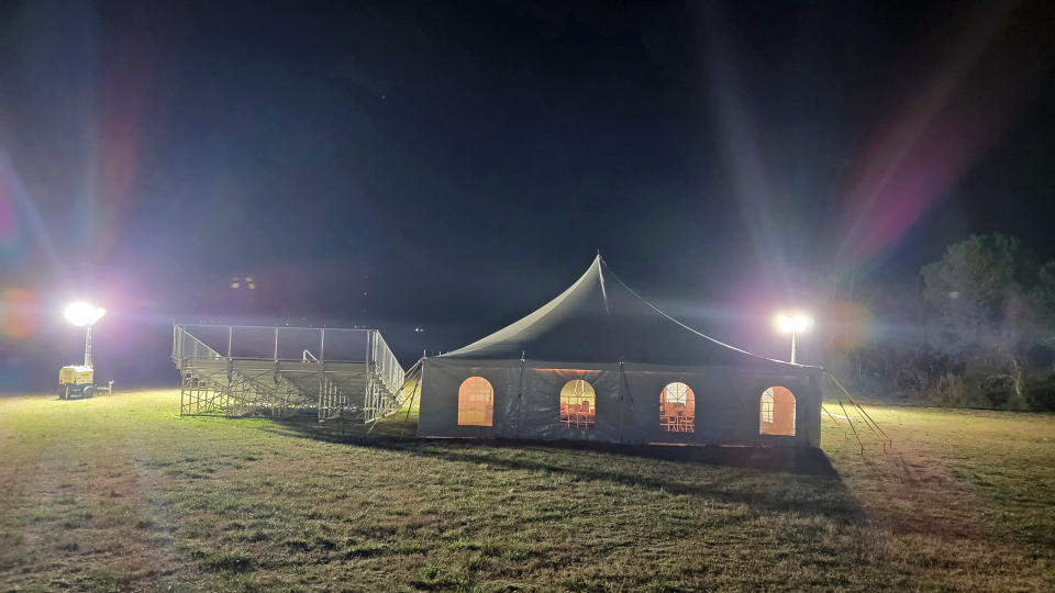 The media tent at NASA's Wallops Flight Facility press site for the Rocket Lab Electron launch on Jan. 24, 2023.