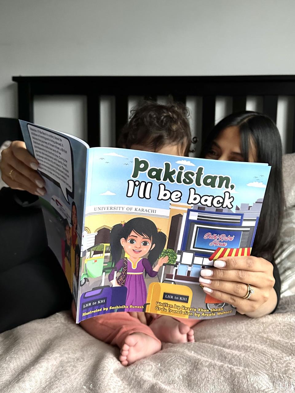 Unzela Khan Sheikh reading 'Pakistan, I'll Be Back' with her nine-month-old daughter