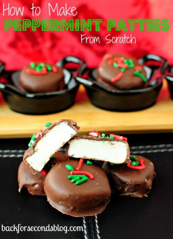 <p>Back For Seconds</p><p>These are the most AMAZING peppermint patties that are also No bake, 4 Ingredients, and Easy!! </p><p>Get the recipe: <a href="http://backforseconds.com/how-to-make-peppermint-patties-from-scratch-4-ingredients-gluten-free/" rel="nofollow noopener" target="_blank" data-ylk="slk:Peppermint Patties from Scratch;elm:context_link;itc:0;sec:content-canvas" class="link rapid-noclick-resp"><strong>Peppermint Patties from Scratch</strong></a></p>