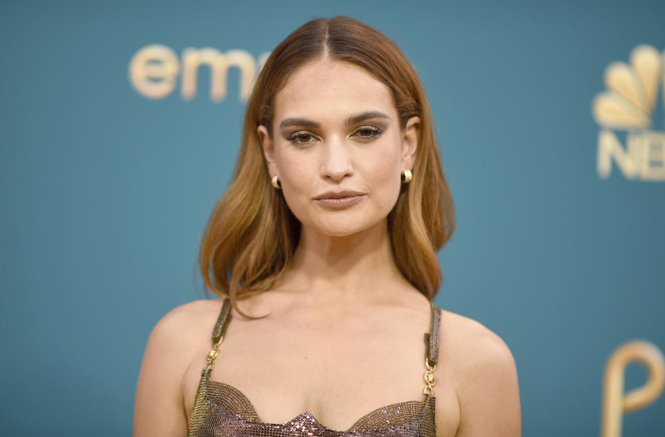 Lily James arrives at the 74th Primetime Emmy Awards on Monday, Sept. 12, 2022, at the Microsoft Theater in Los Angeles. (Photo by Richard Shotwell/Invision/AP)
