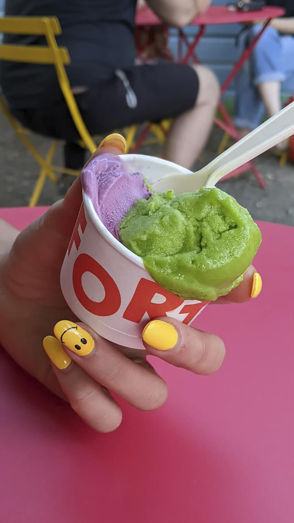 This image provided by Fortune's Ice Cream shows a dish of celery sherbet and Concord grape sherbet. Brian Ackley, co-founder of the operation in Tivoli, NY, says developing their unique flavors was the plan from the start. "My idea was that I'd like to make ice cream that's as good and interesting as what you might find by pastry chefs at a "fine dining" restaurant, but have it be available everyday at a scoop shop that still fits into the spirit of our small town." (Fortune's Ice Cream via AP)