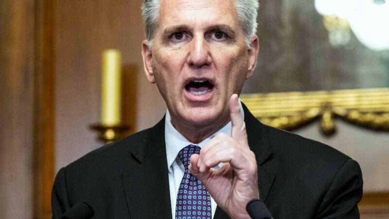 House Speaker Kevin McCarthy points finger during a speech at lectern