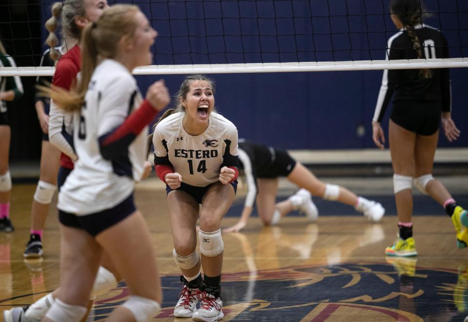 Gia Rosencrans of Estero and her teammates celebrate their win over Weeki Wachee in a Class 4A-Region 3 volleyball game on Tuesday, Oct. 25, 2022, at Estero High School.