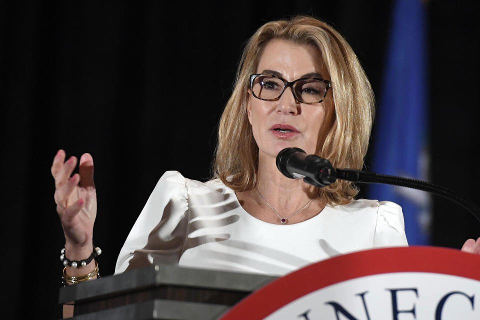 FILE — Republican candidate for U.S. Senate Themis Klarides, accepts her party's endorsement at the State Republican Convention, May 7, 2022, in Mashantucket, Conn. (AP Photo/Jessica Hill, File)