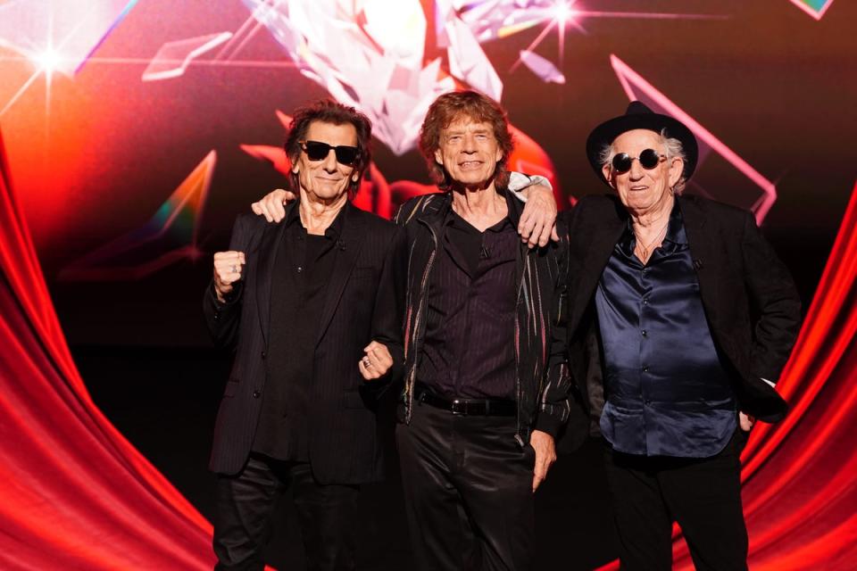 Ronnie Wood, Mick Jagger and Keith Richards at the Hackney Diamonds launch event at the Hackney Empire (Ian West/PA) (PA Wire)