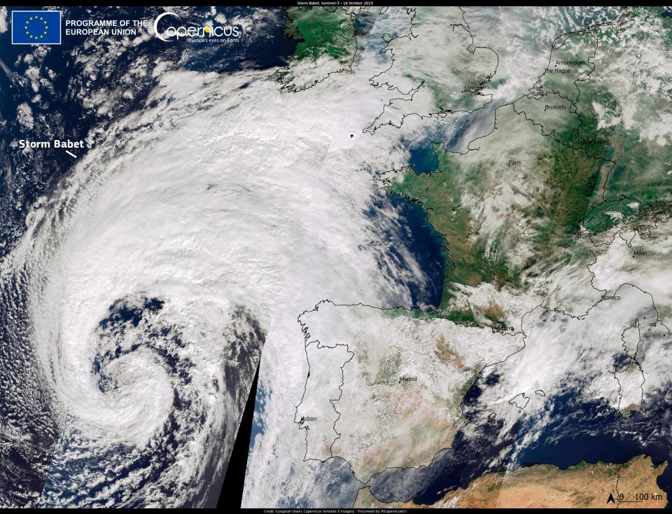 The Copernicus satellite image shows Storm Babet moving across the Atlantic Ocean toward the British Isles (European Union, Copernicus Sentinel-3 imagery)