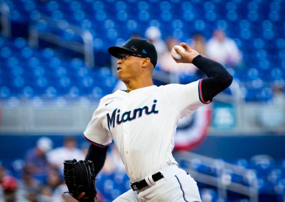 Miami Marlins starting pitcher <a class="link " href="https://sports.yahoo.com/mlb/players/10627/" data-i13n="sec:content-canvas;subsec:anchor_text;elm:context_link" data-ylk="slk:Jesus Luzardo;sec:content-canvas;subsec:anchor_text;elm:context_link;itc:0">Jesus Luzardo</a> (44) pitches during the first inning of a baseball game on Tuesday, April 2, 2024, at loanDepot Park in Miami. Alie Skowronski/askowronski@miamiherald.com