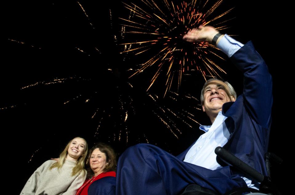 Gov. Greg Abbott celebrates his nomination for a third term at the Texas State Aquarium in Corpus Christi on March 1, 2022.