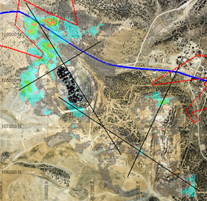 2008 preliminary block model showing areas of potential exploration below the current asbuilt pitshell. All block grades ≥ 0.015 oz/t.