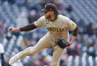 San Diego Padres starting pitcher Dinelson Lamet works against the Colorado Rockies during the first inning of a baseball game Tuesday, May 11, 2021, in Denver. (AP Photo/David Zalubowski)