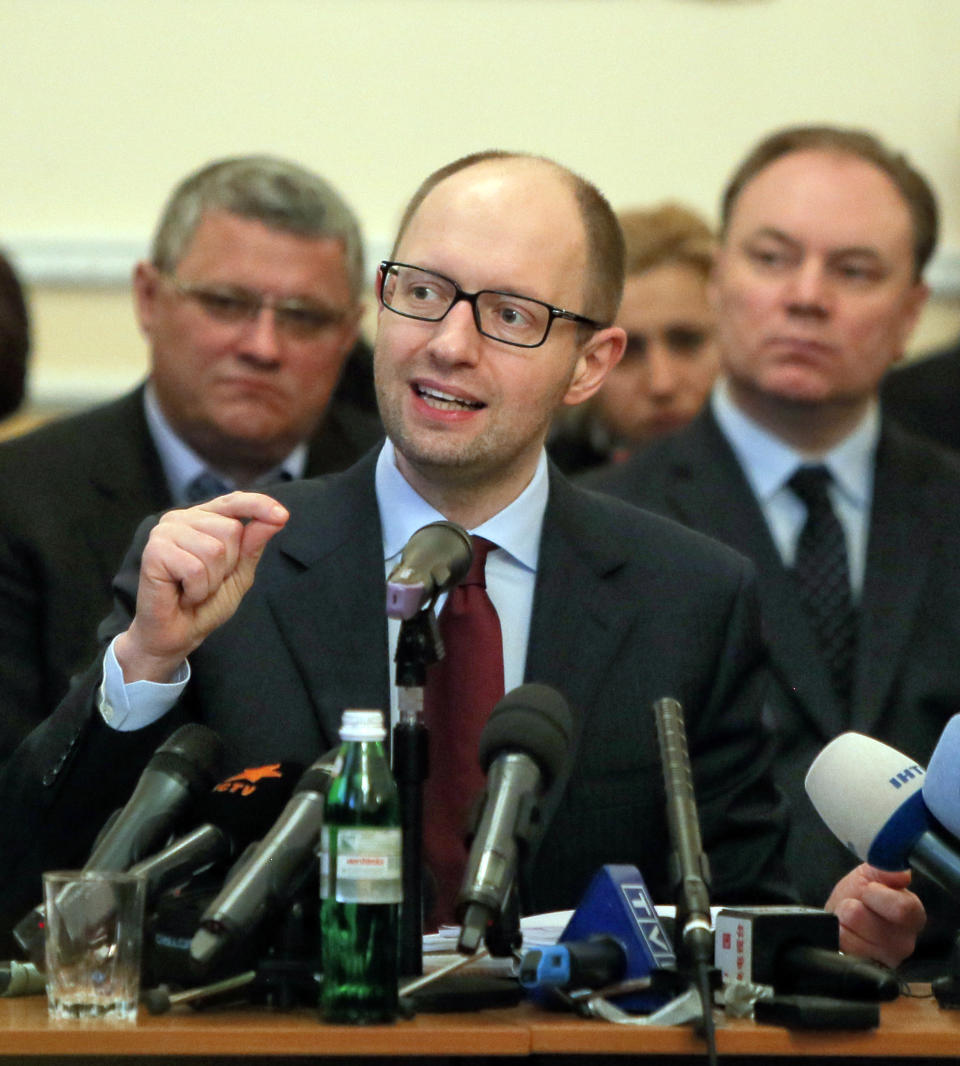 Ukraine’s Prime Minister Arseniy Yatsenyuk speaks during his meeting with regional leaders in Donetsk, Ukraine, Friday, April 11, 2014. Yatsenyuk on Friday told leaders in the country’s restive east that he is committed to allowing regions to have more powers. Yatsenyuk flew into Donetsk, where pro-Russian separatists are occupying the regional administration building and calling for a referendum ahead of seeking annexation by Russia. (AP Photo/Efrem Lukatsky)