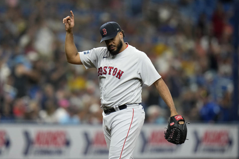 Boston Red Sox relief pitcher Kenley Jansen reacts after closing out the Tampa Bay Rays during the ninth inning of a baseball game Monday, Sept. 4, 2023, in St. Petersburg, Fla. (AP Photo/Chris O'Meara)