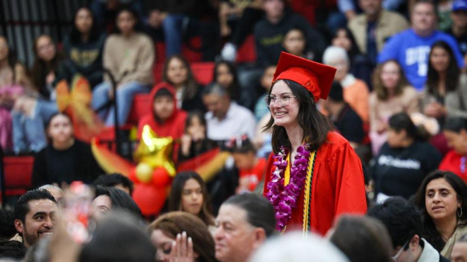 Violet Wills smiles as she walks in to gym. Coast Union Broncos held their commencement for the Class of 2023 in Cambria June 1.