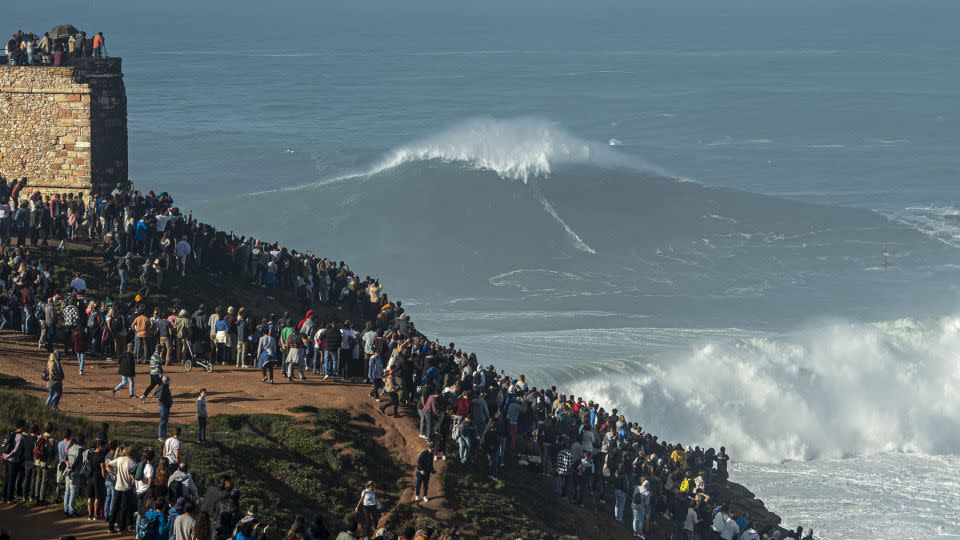 Steudtner rides a wave at the famed surf spot Nazaré, Portugal, in October 2020. - Octavio Passos/Getty Images