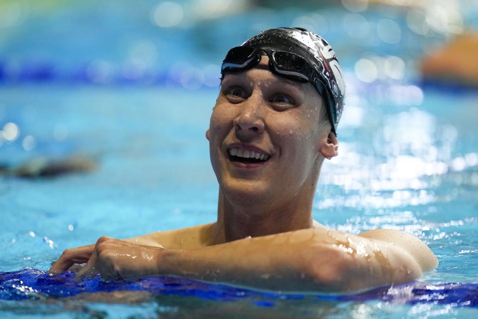 Chase Kalisz reacts after winning the Men's 400 Individual Medley during wave 2 of the U.S. Olympic Swim Trials on Sunday, June 13, 2021, in Omaha, Neb. (AP Photo/Jeff Roberson)