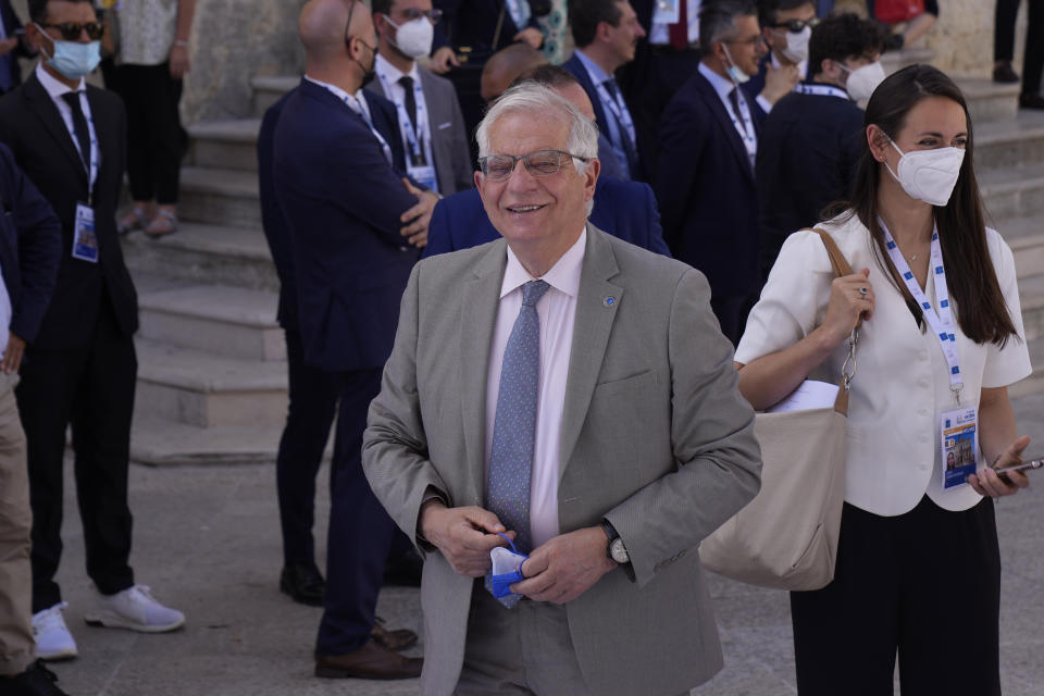 The High Representative of the European Union Josep Borrell arrives in Matera, Italy, for a G20 foreign affairs ministers' meeting Tuesday, June 29, 2021.(AP Photo/Antonio Calanni)