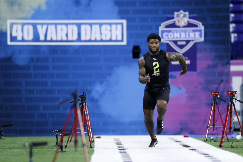 Florida State RB Cam Akers runs the 40-yard dash during the NFL Combine at Lucas Oil Stadium in Indianapolis. (Photo by Joe Robbins/Getty Images)