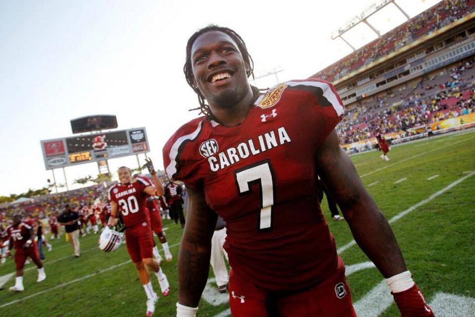 South Carolina defensive end Jadeveon Clowney (7) celebrates the Gamecocks’ win over Michigan in the Outback Bowl. Gerry Melendez/gmelendez@thestate.com