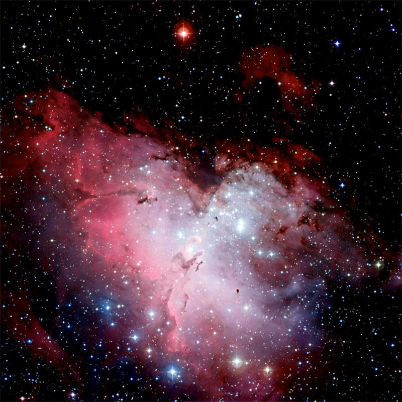 A wide shot of the Eagle Nebula from the European Southern Observatory showing the Pillars of Creation near the center. / Credit: ESO