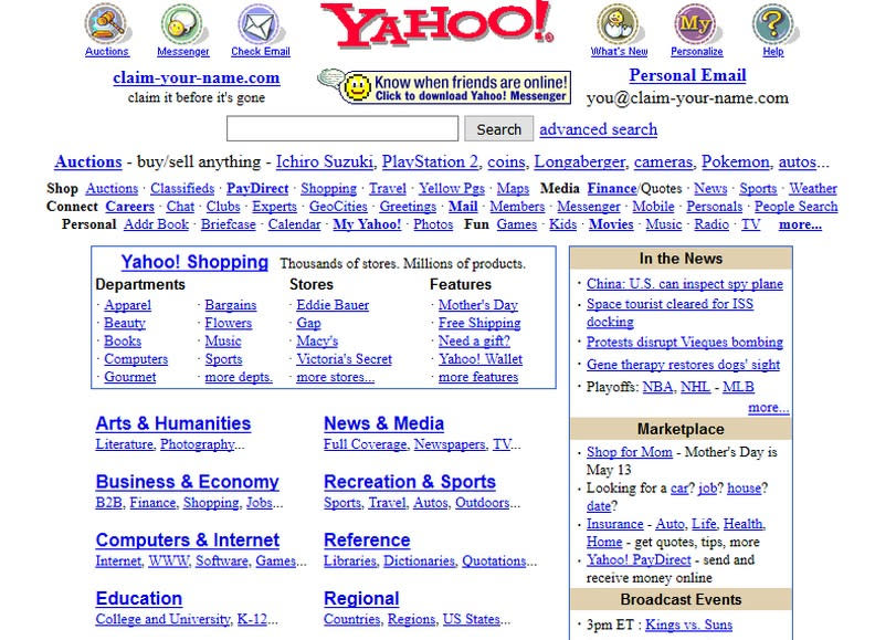 2001年的Yahoo!首頁，介面令許多老用戶懷念。Yahoo!