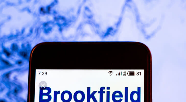 Brookfield Renewable logo on a phone screen. BEPC stock. BEP stock.