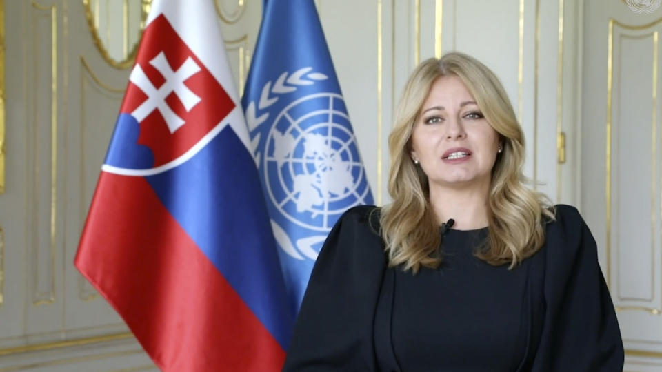 In this image taken from video provided by UN Web TV, Slovakia President Zuzana Caputova remotely addresses the 76th Session of the United Nations General Assembly at U.N. headquarters in New York on Tuesday, Sept. 21, 2021. (UN Web TV via AP)