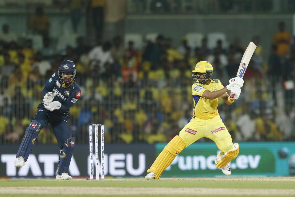 Chennai Super Kings' Captain Ruturaj Gaikwad plays a shot during the Indian Premier League cricket tournament between between Chennai Super Kings and Gujarat Titans, in Chennai, India, Tuesday, March 26, 2024. (AP Photo/R. Parthibhan)