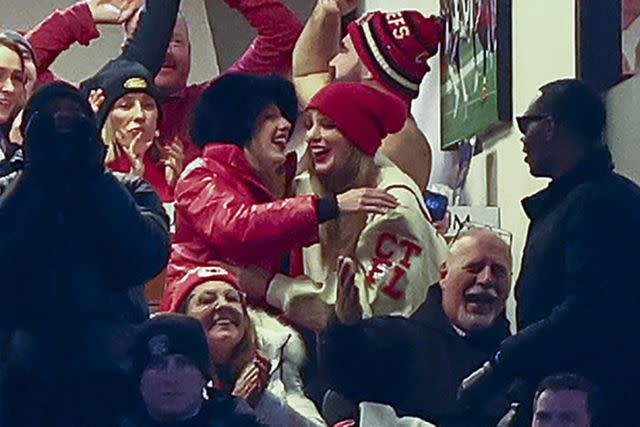<p>AP Photo/Jeffrey T. Barnes</p> Taylor Swift and Brittany Mahomes celebrate on Jan. 21, 2024