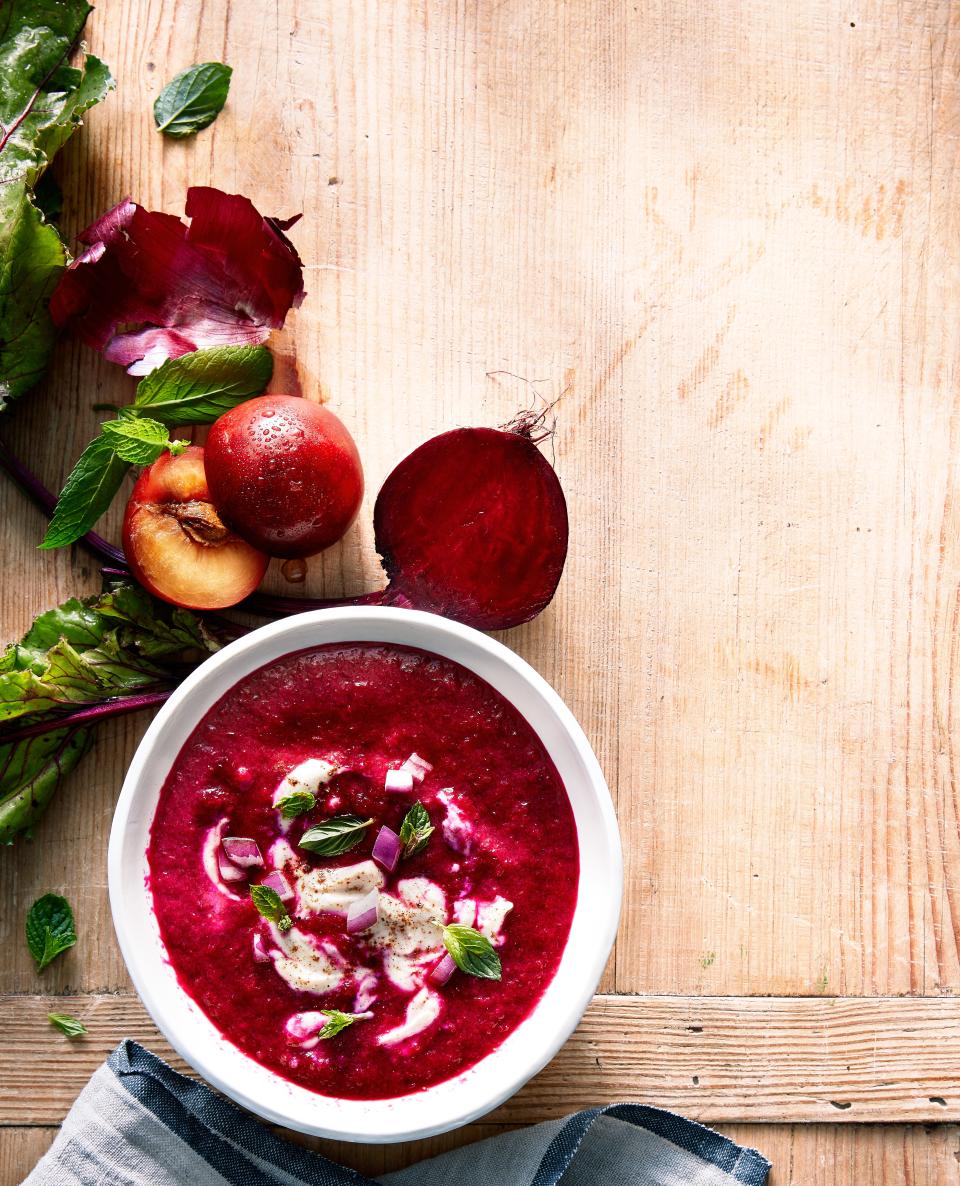 Plum and Beet Soup with Spiced Yogurt Swirl