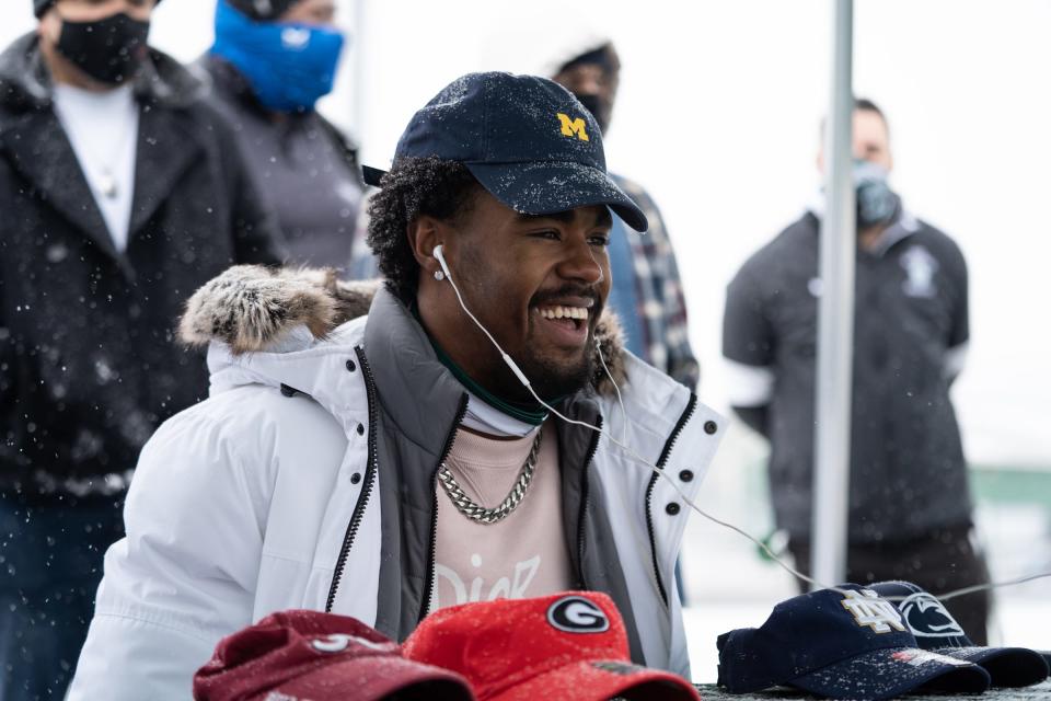 West Bloomfield running back Donovan Edwards announces his commitment to play at Michigan during signing day at on the football field at West Bloomfield High School on Wednesday, Dec. 16, 2020.