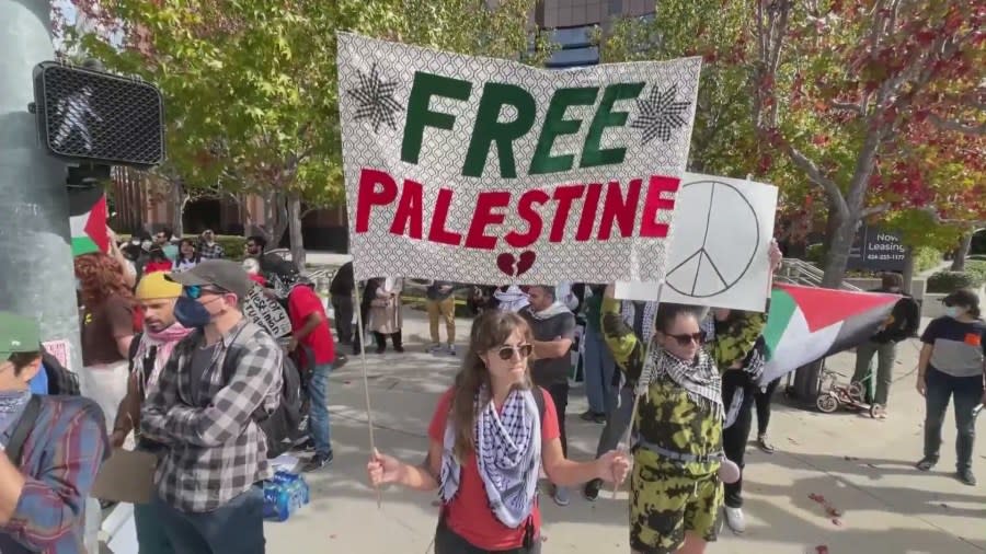 A large group of pro-Palestinian demonstrators marched in West Los Angeles on Nov. 4, 2023 calling for the end to Israel’s bombardment and occupation of Gaza. (KTLA)